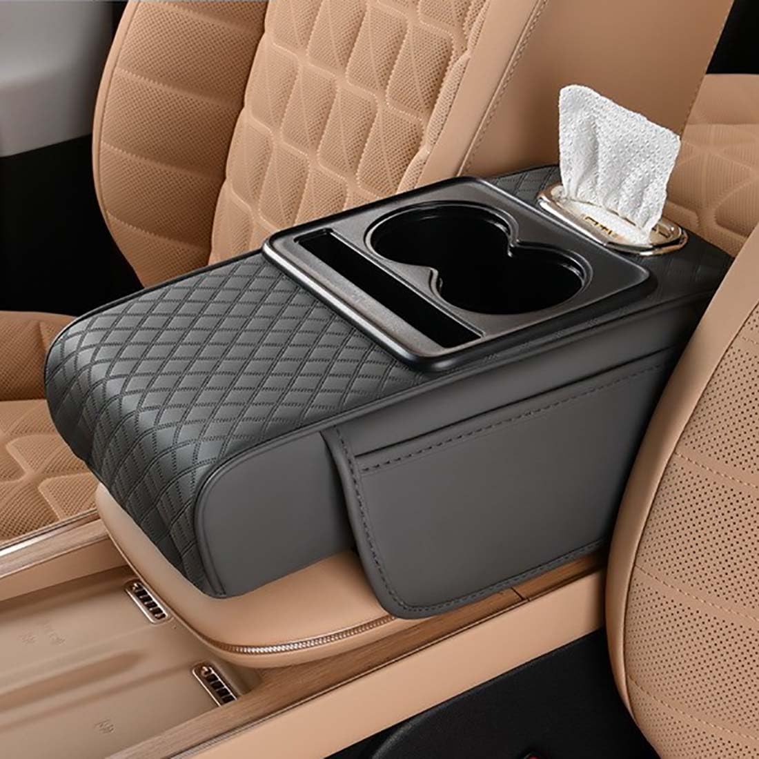 Car Armrest Cushion for SUV with Cup Holder 2.75" Height,5-in-1 Center Console Cover with 2 Storage Bags, Tissue Box Slot, Phone Slot for Sedans, Car Accessories Interior Organizers (Black)