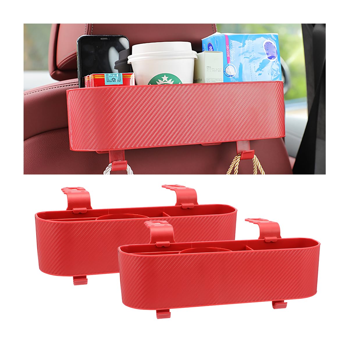 BELOMI Car Headrest Backseat Organizer with Cup Holder, Seat Back Hanging Storage Box with Hooks, Multi-Functional Drink Pocket Food Snack Phone Tray for Kids, Car Travel Accessories (Black)