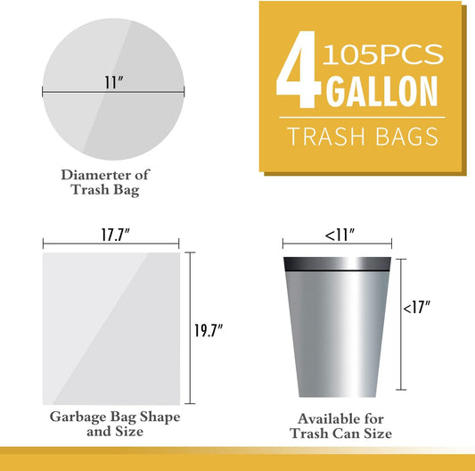 105 Count Small Trash Bags, 4 Gallon Garbage Can Liners