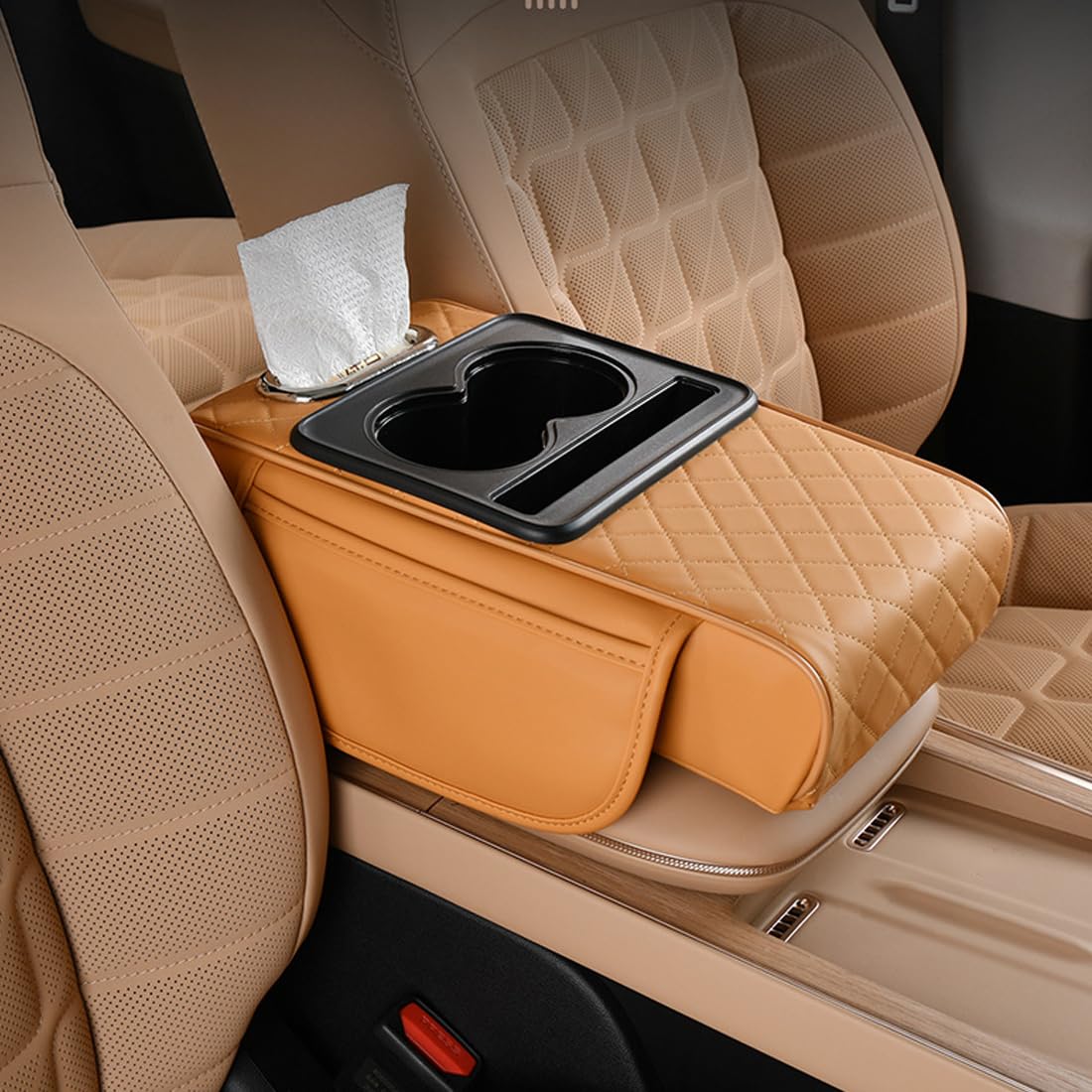 Car Armrest Cushion,5-in-1 Center Console Cover with 2 Storage Bags Cup Holder, Tissue Box Slot, Phone Slot for Sedans, Car Accessories Interior Organizers (Gey)