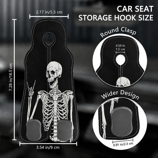 Cute Skull Skeleton Car Seat Back Storage Headrest Hooks for Purses & Bags – 2PCS PU Leather Dual Metal Hooks, Backseat Organizer Accessories