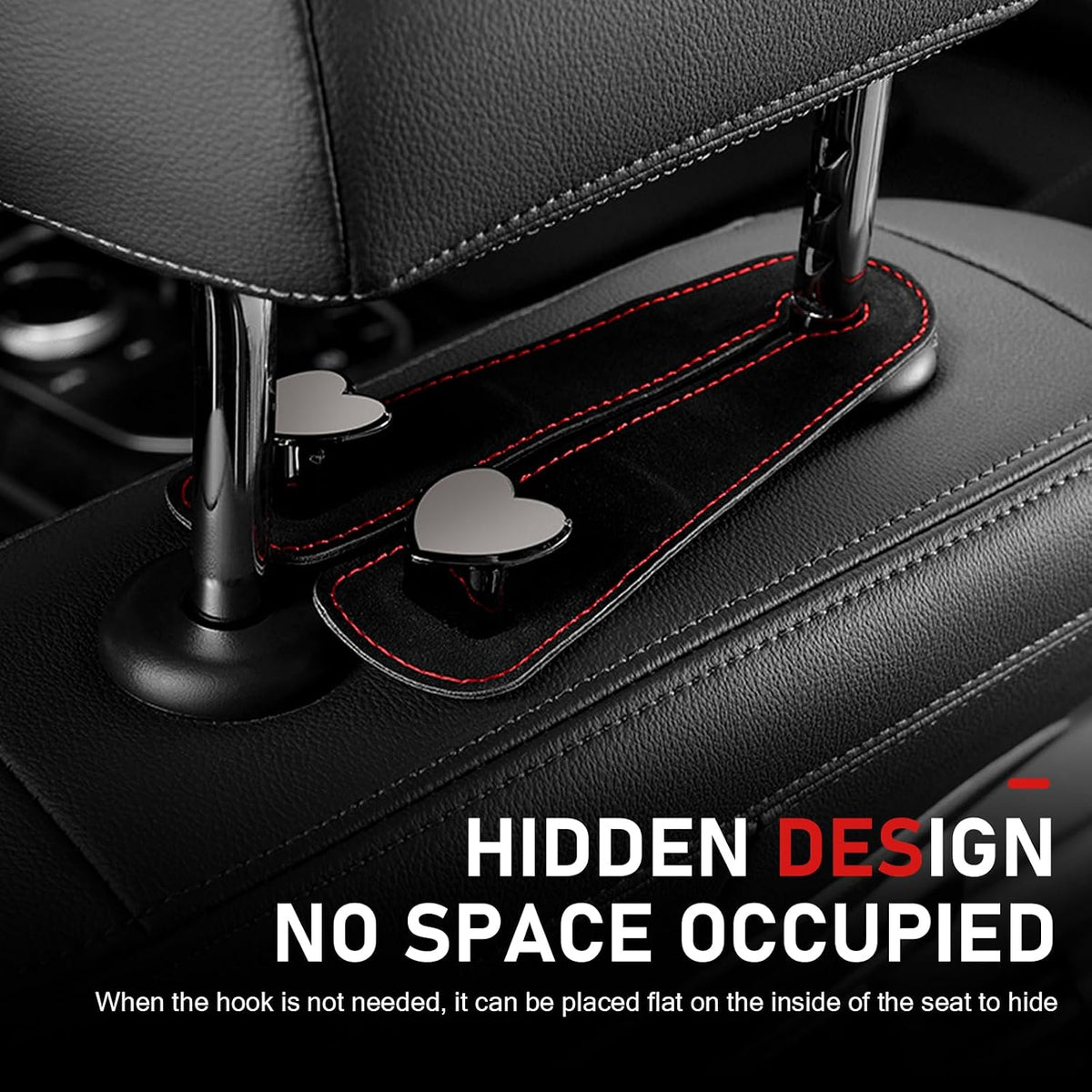 2 PCS Car Seat Headrest Hook, Suede Cute Heart Shape Metal Double Head Purse Hook, Universal Automotive Seat Back Storage Hanger, Car Accessories for Women (Black)