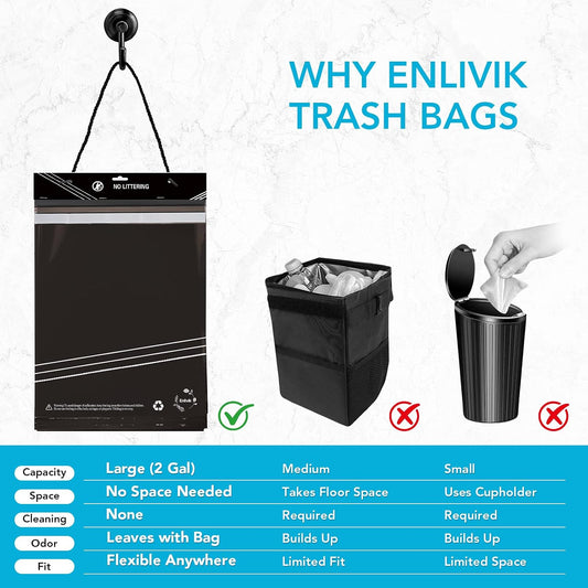 Disposable Car Trash Bag - Large Capacity - Car Garbage Bag Hanging from Headrest - Easy to Stick-On, Leakproof, Smellproof Car Trash Can - Ideal for Travel, Camping, and Home Use (All Black, 50)