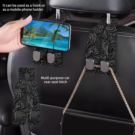 Car Seat Back Storage Headrest Hook, Premium Leather Double Metal Hook, Hanger Storage Organizer for Purse Cloth Bag, Car Interior Accessories Luxury Black Flowers