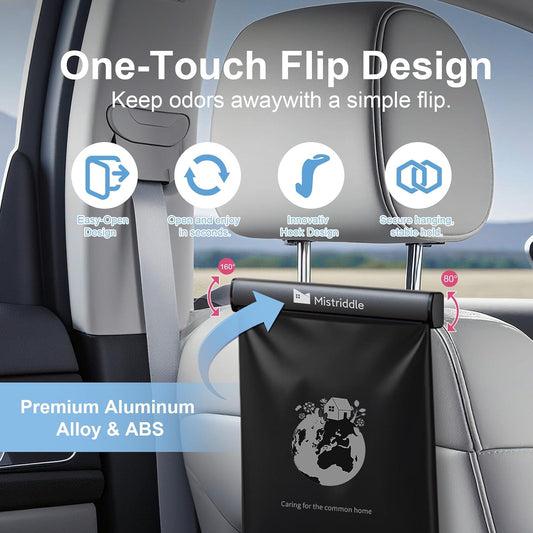 Mistriddle Headrest Hanging Car Trash Bag Holder - Aluminum Alloy with 25 Disposable Trash Bags, 2 Headrest Hooks, Compact Car Garbage Bin for Back Seat, Office, Travel & Camping (Black)
