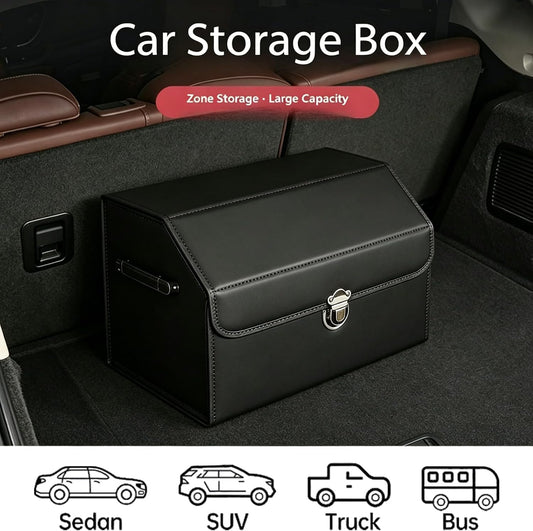 Leather Storage Box Car Trunk Organizer with Lid, Foldable PU Leather Cargo Storage Bin for SUV Sedan Truck, Portable Auto Organizer for Grocery Tool Storage, Black 14.9" L*12.2" W*11.8" H