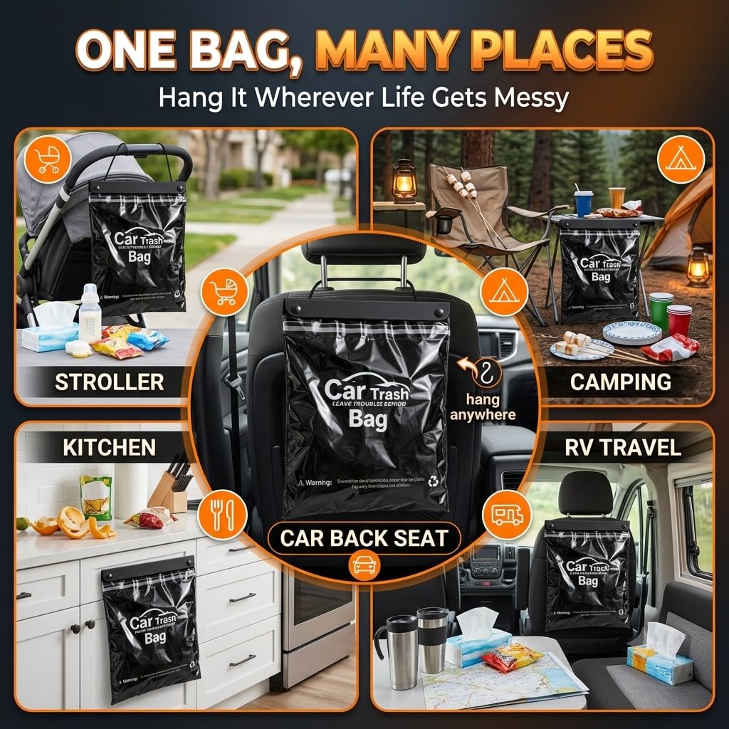 50 Count Recycled Disposable Car Trash Bags Hanging Leakproof Garbage Bags 2 Gallon Heavy Duty Alternative to Bulky Car Trash Can Leakproof Smellproof Stick-On for Car SUV Truck Travel
