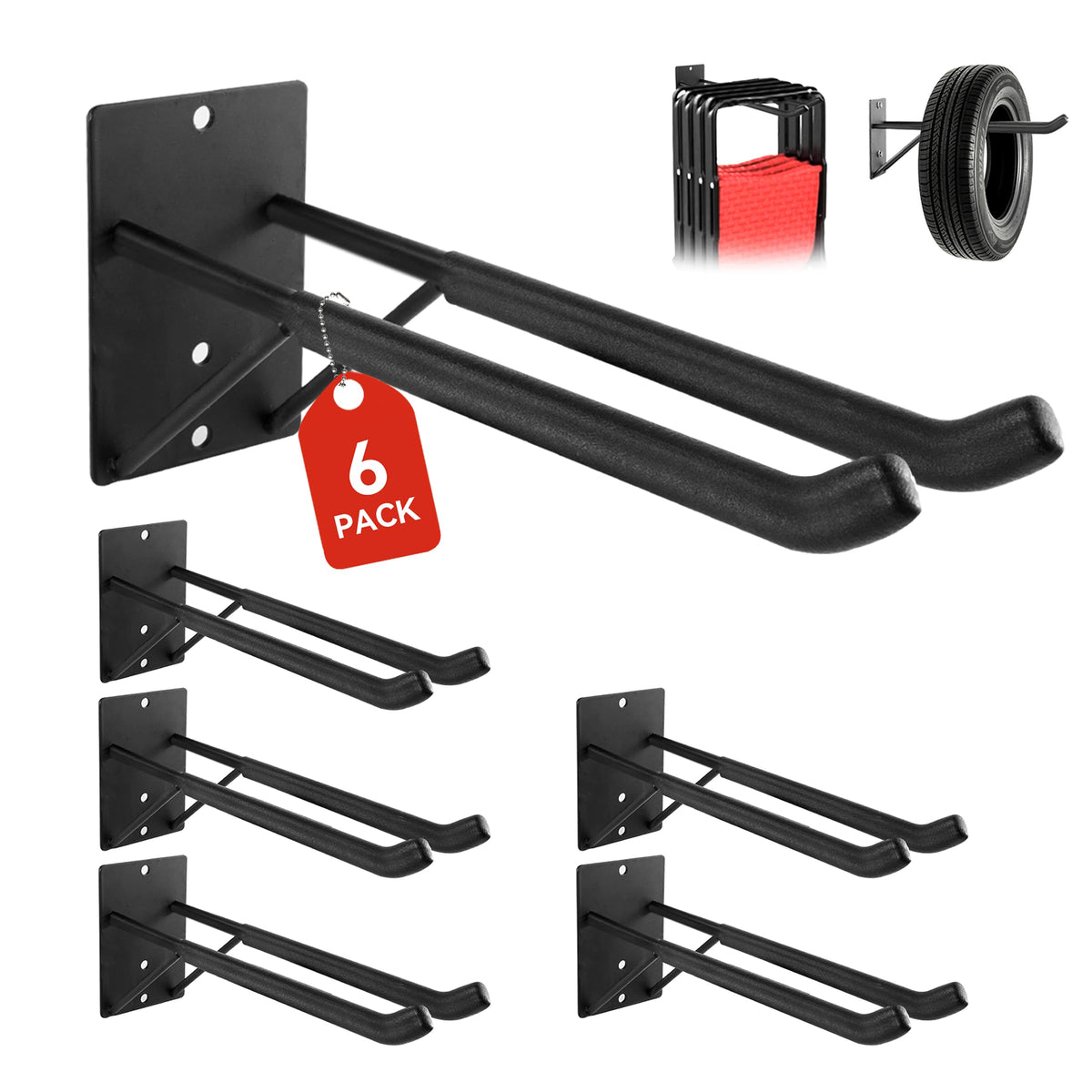 14" Large Heavy Duty Garage Hooks, Steel Garage Storage Hooks with Support Rods, Utility Wall Mount Hangers for Power Tools, Car Tires, Ladders, Chairs, Garden Tools and More (2-Pack 14" Heavy Hooks)