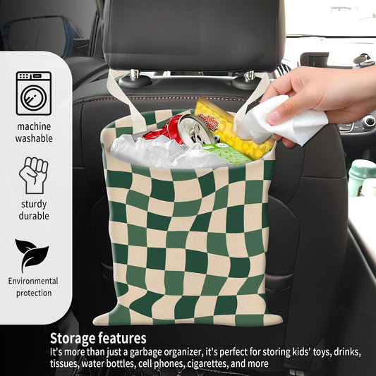 Car Garbage Can, Seat Back Hanging Cute Car Trash Can Bag, Car Organizer and Storage Bag for Travelling, Outdoor Cute Green Checkerboard