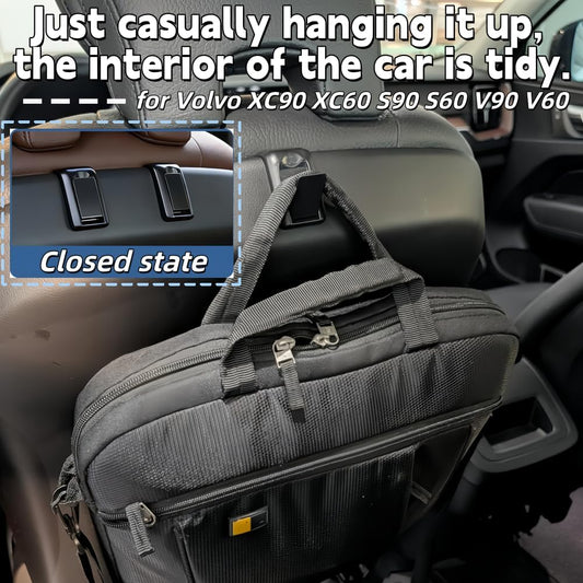 2PCS Car Seat Headrest Hooks for Volvo XC90 XC60 S90 S60 V90 V60 Series Accessories,Upgraded Foldable Hidden Car Seat Back Hooks for Bags Handbags Phones (Black)