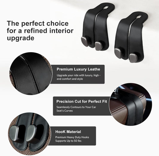 CoBak Purse Hook for Car - Universal Premium Stitched Leather and Aluminum-Magnesium Alloy Double Car Seat Back Storage Hook for Purses, Handbags, Bags (4 Pack),Black