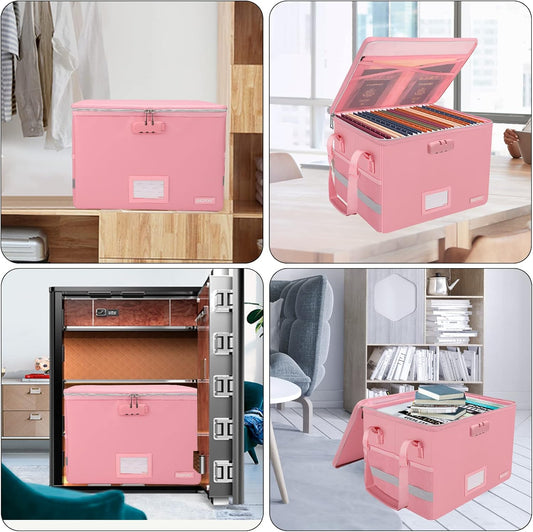 ENGPOW File Box with Lock, Fireproof Document Box with Zipper&Pockets, Collapsible File Organizer Filing Storage Cabinet with Handle, Portable Home Office Safe for Hanging Letter/Legal Folder, Pink