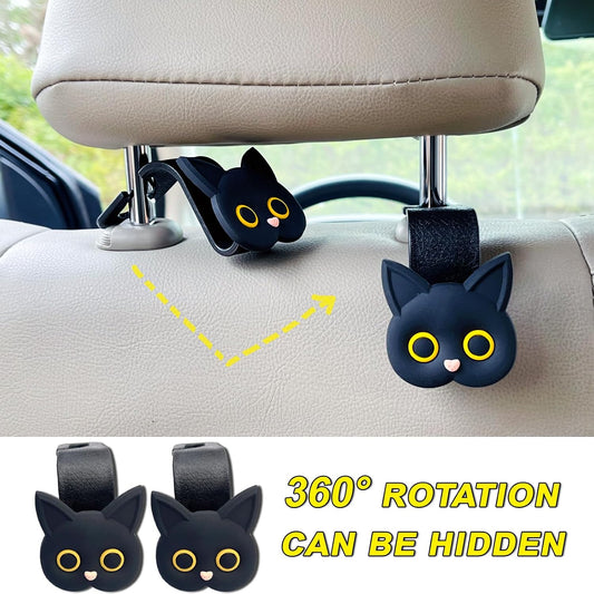 Car Seat Headrest Hooks, 2 Pack Black Cute Cartoon Cat Hook