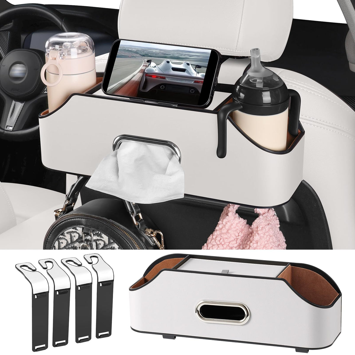 Car Seat Back Cup Holder, 4-in-1 Multifunctional Backseat Organizer with Tissue Box Storage & Hooks (Gray)
