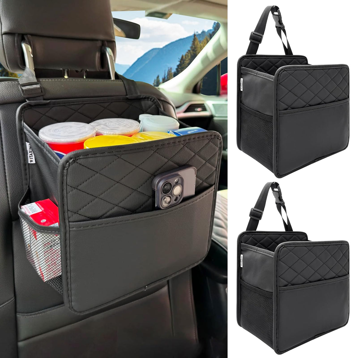 Witaxima Upgrade Car Seat Organizer Backseat with Storage Pockets, Multipurpose Car Organizer Hanging, Car Trash Bag Can,Premium PU Leather Garbage Can 2.14 Gallon Large Capacity Accessories Beige
