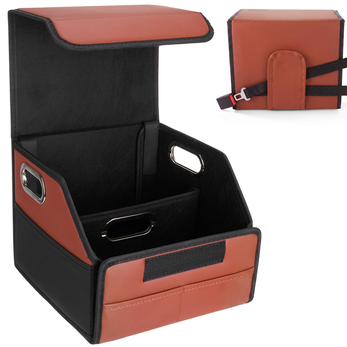 Car Storage Organizer with Box Lid, Leather Car Seat Organizer, Brown Black