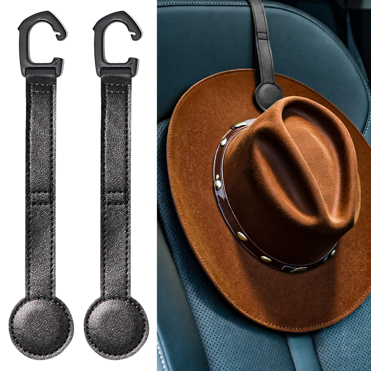 2 Pack Cowboy Hat Hanger for Car, Magnetic Hat Holder for Truck, Jeep, SUV, Headrest Hook Organizer for Caps, Keys, Sunglasses, Bags (Black) (2)