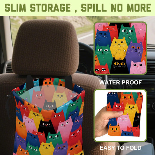 Car Trash Bag Abstract Colorful Cartoon Cats Hanging Drawstring Car Organizer and Storage Bag with Adjustable Buckle Canvas Garbage Bin for Back Seat or Hanging Headrest Road Trip Essentials