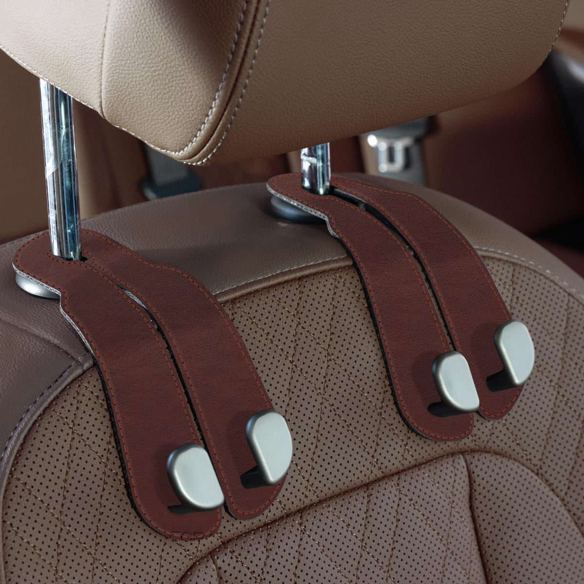 CoBak Purse Hook for Car - Universal Premium Stitched Leather and Aluminum-Magnesium Alloy Double Car Seat Back Storage Hook for Purses, Handbags, Bags (2 Pack),SageGreen