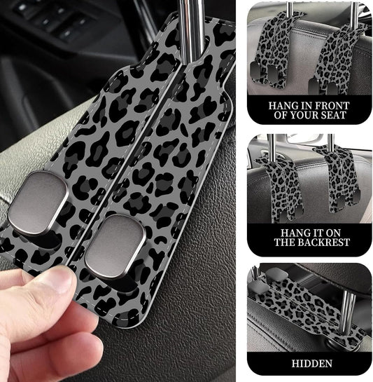 PU Leather Car Seat Hook, Storage Headrest Hanger, Cute Car Backseat Organizer, Car Hooks For Purses and Bags Gray Black Leopard