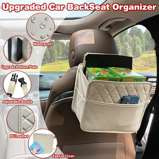 Witaxima Upgrade Car Seat Organizer Backseat with Storage Pockets, Multipurpose Car Organizer Hanging, Car Trash Bag Can,Premium PU Leather Garbage Can 2.14 Gallon Large Capacity Accessories Beige