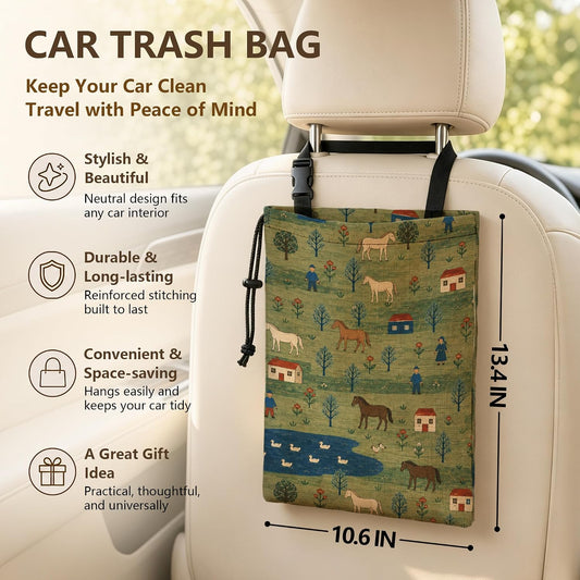 Sage Green Horse Lover Car Trash Bag Hanging, 11x13Inch