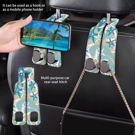 Car Seat Back Storage Headrest Hook, 1 Pack Premium Leather Double Metal Hook, Hanger Storage Organizer for Purse Cloth Bag, Car Interior Accessories Cute Blue Seastar