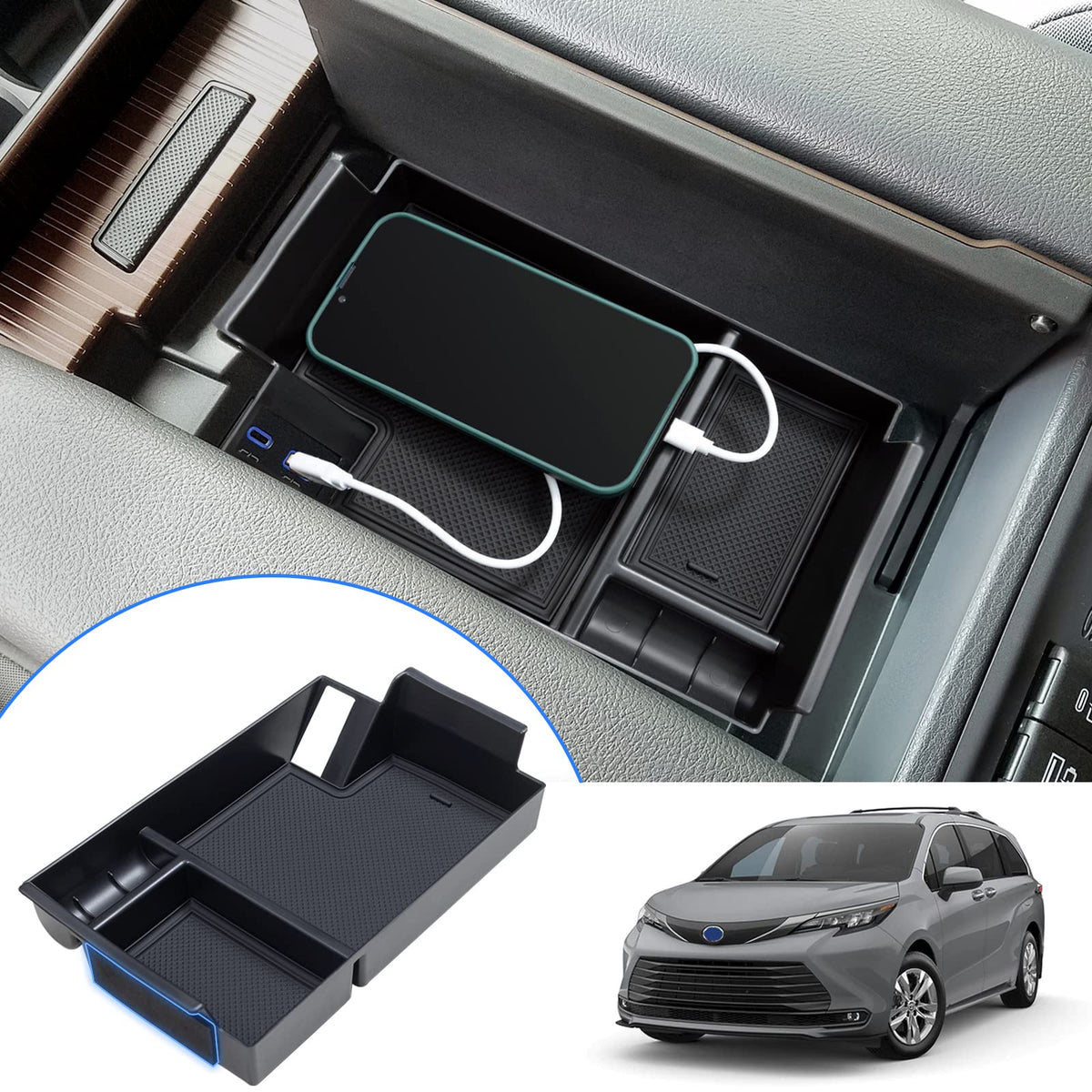 TOPINSTALL Center Console Tray for 2021-2026 Toyota Sienna, 2-Layer Space
