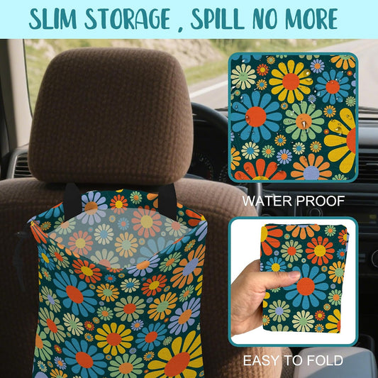 Car Garbage Bag Vintage Groovy 70s Floral Drawstring Car Trash Bag Hanging for Back Seat with Adjustable Buckle Canvas Vehicle Trash Can Easy-to-Install