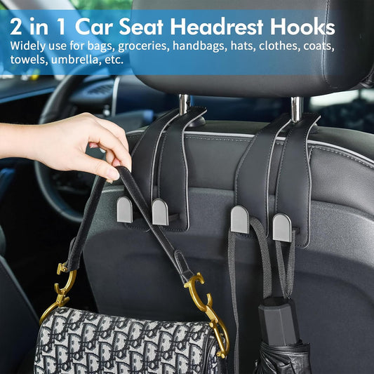 Car Hooks for Headrest, Leather Car Seat Back Storage Organizer Interior Accessories, More Wide & Deep Auto Seat Hook Hangers for Purse Umbrellas Handbag Clothes Coats Grocery Bags (Black-2 Pack)