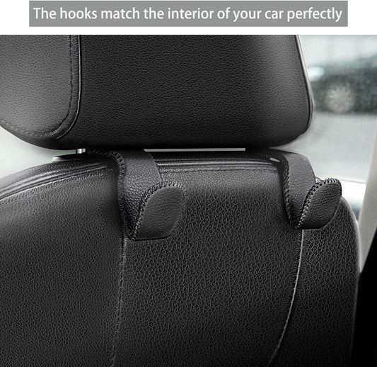 AMVOYOA Headrest Hooks for Car, Back Seat Organizer Gray Leather Hanger Holder Hook, for Hanging Purses and Bags and Coats, Pack of 2