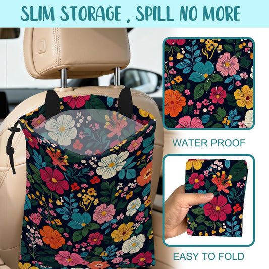 Car Garbage Bag Watercolor Floral and Leaves Drawstring Car Trash Bag Hanging for Back Seat with Adjustable Buckle Canvas Vehicle Trash Can Easy-to-Install