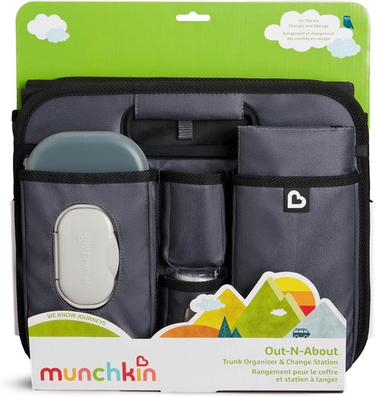 Munchkin Out-n-About Trunk Organizer for SUVs and Cars with Portable Changing Pad and Wet Baby Wipes for Diaper Changes On-the-Go, Collapsible, Grey