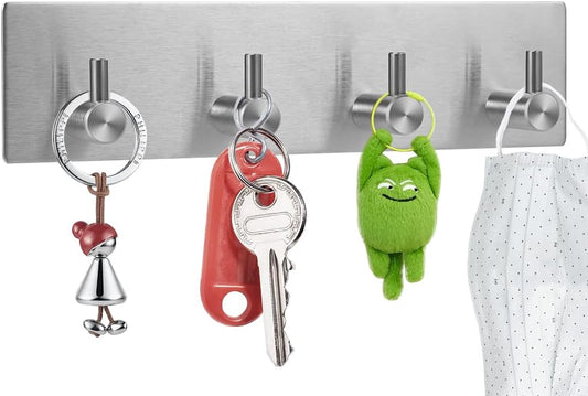 Picowe Key Holder for Wall Decorative, Adhesive Stainless Steel Key Hooks, Key Hanger Key Organizer for Wall, Towel Hook Coat Hanger for Entryway Hallway Kitchen(Four Rows,Sliver 1PCS)