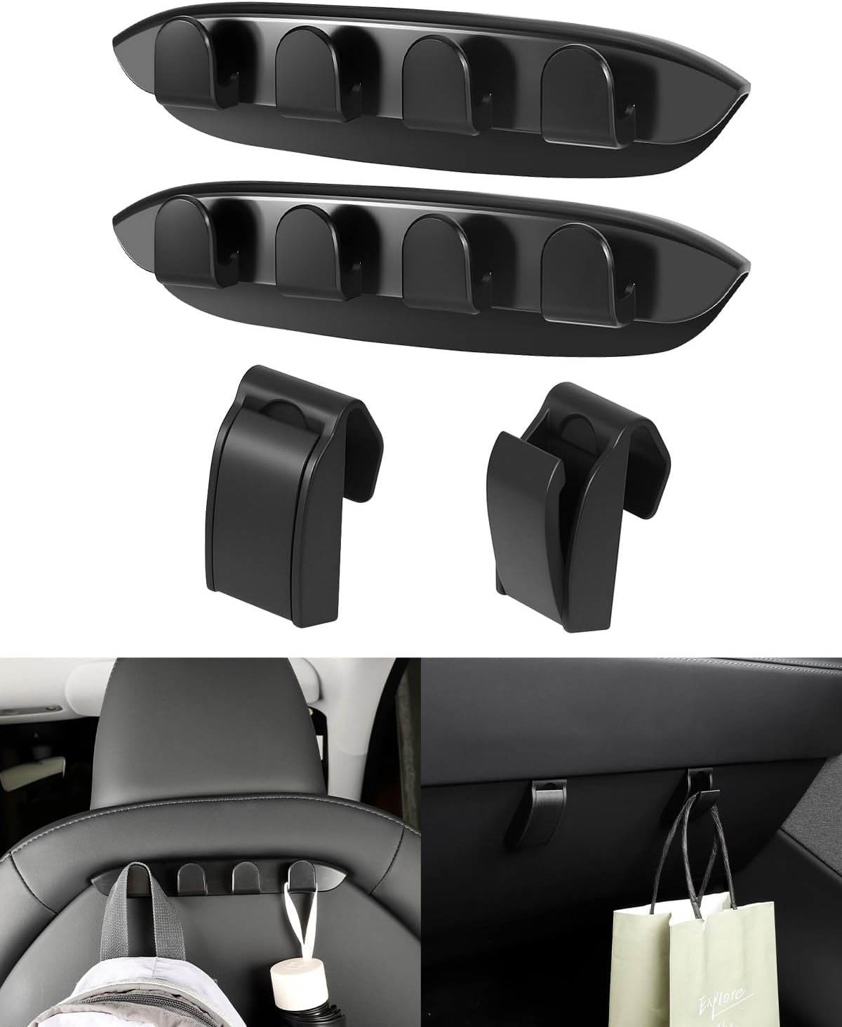 4-Pack Car Hooks for Tesla Model Y Juniper & Model 3 Highland Accessories 2026 2025, Retractable Glove Box Hanger & Rear Seat Clip, Interior Organizer for Handbag, Backpack, Grocery Bag