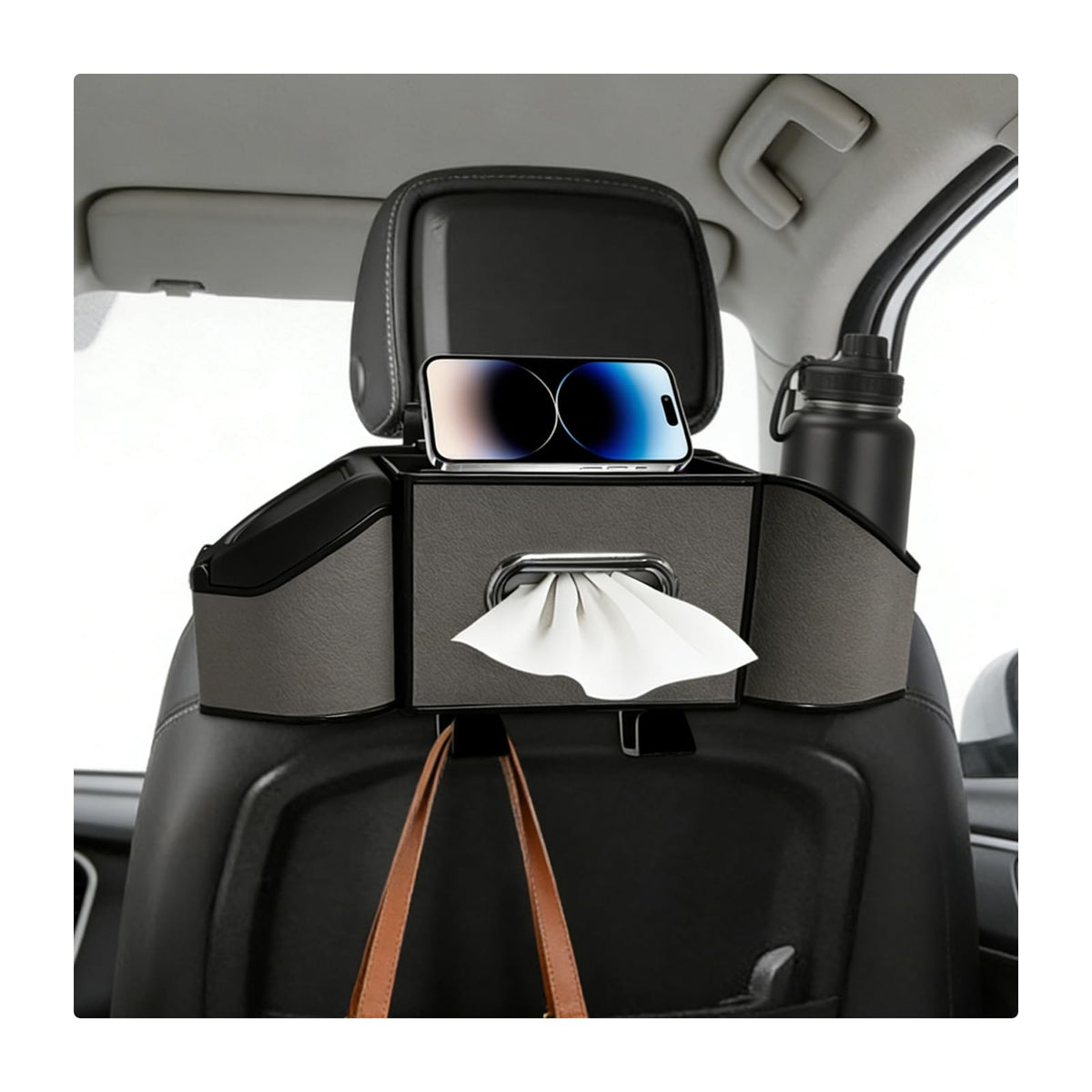Car Backseat Organizer, 7-in-1 Auto Seat Back Drink Cup Holder Organizer with Tissue Box & Hooks, Multifunctional Vehicle Headrest Storage Box for Hold Phone Snacks Drinks (Black)