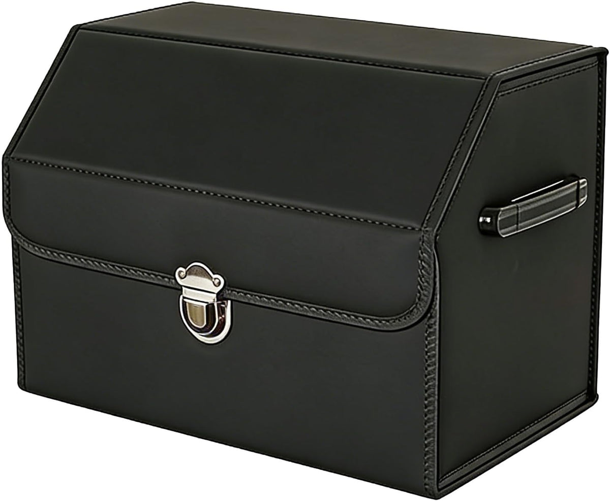 Leather Storage Box Car Trunk Organizer with Lid, Foldable PU Leather Cargo Storage Bin for SUV Sedan Truck, Portable Auto Organizer for Grocery Tool Storage, Black 14.9" L*12.2" W*11.8" H