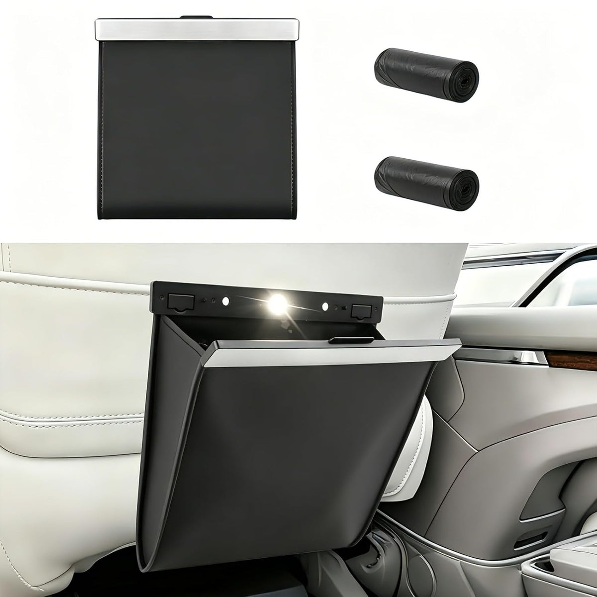 Leather Car Trash Can with Smart LED Light & Magnetic Closure