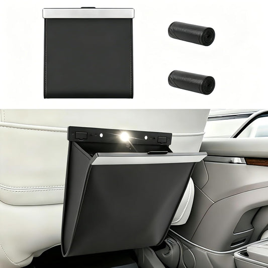 Leather Car Trash Can with Smart LED Light & Magnetic Closure
