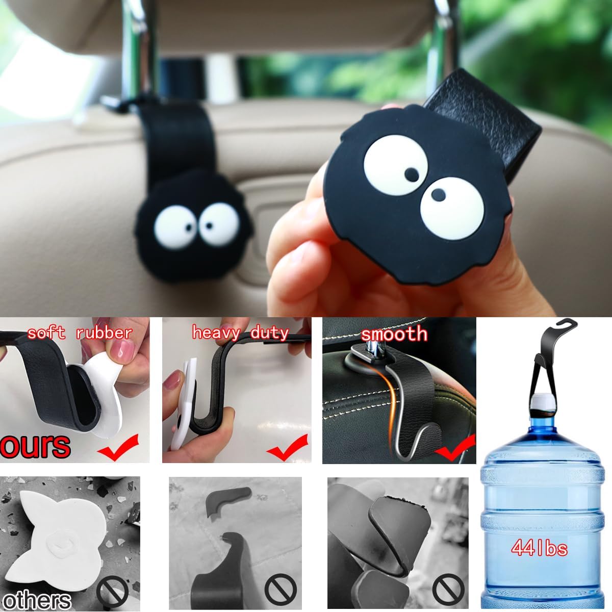 Car Hooks for Purses and Bags Cute Soot Sprite, 2 Pack Black