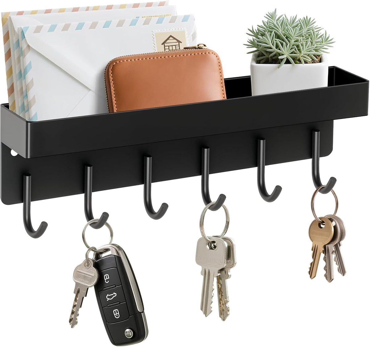 Magnetic Key Holder Wall Mount, Small Key Rack with Tray, Black