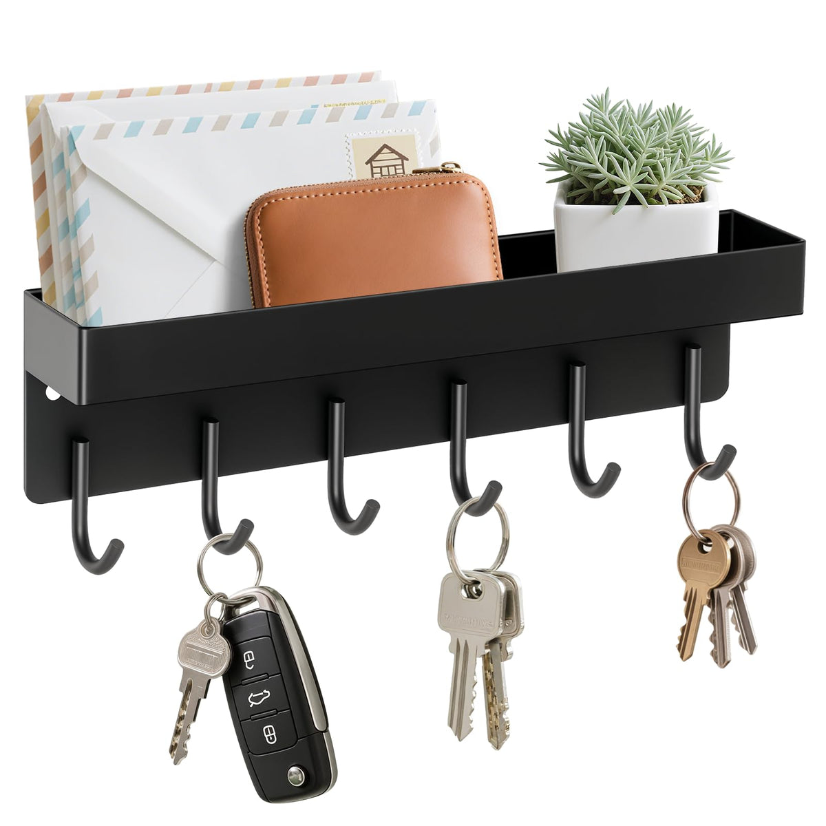 Magnetic Key Holder Wall Mount, Small Key Rack with Tray, Black