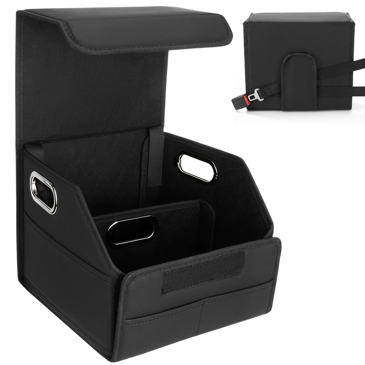 Car Storage Organizer with Box Lid, Leather Car Seat Organizer, Brown Black