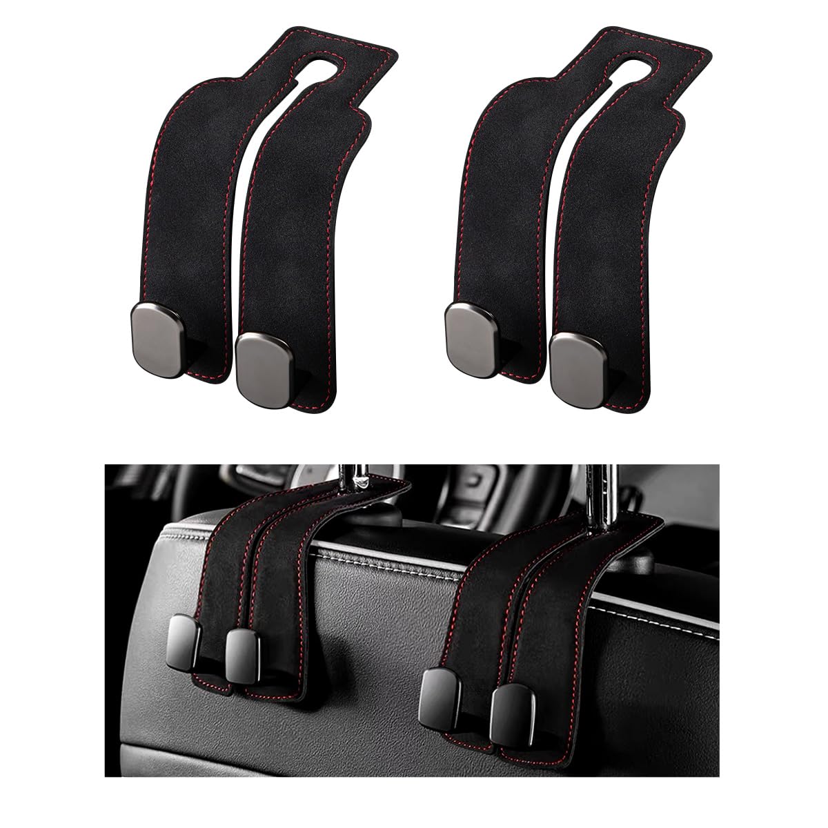 2 PCS Car Seat Headrest Hook, Back Seat Hanger with Double Flexible Leather Hooks, Soft Leather Double Headrest Metal Hooks Purse Handbag Organizer, Car Accessories (Brown)