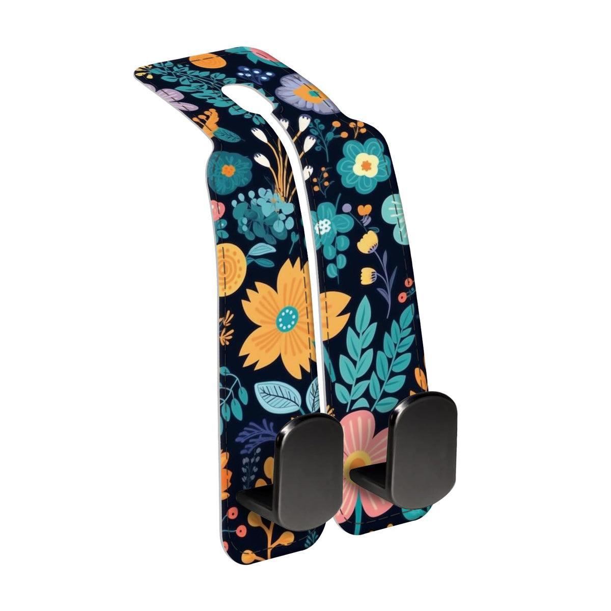 Car Seat Back Storage Headrest Hook, Premium Leather Double Metal Hook, Hanger Storage Organizer for Purse Cloth Bag, Car Interior Accessories Luxury Black Flowers