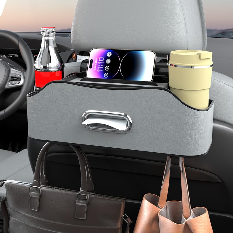 Back Seat Cup Holder for Car – Multifunctional Seat Back Organizer with Drink Holders, Tissue Box Storage & Hooks, Fits Headrest for Auto. (White)