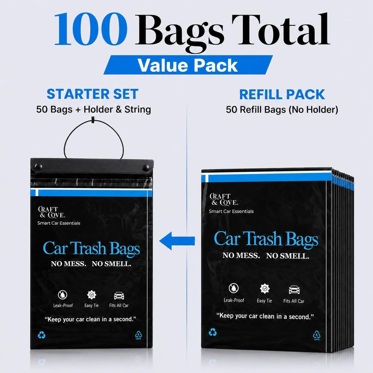 Hanging Car Trash Bags Disposable, 2 Gallon Car Garbage Bags. Black
