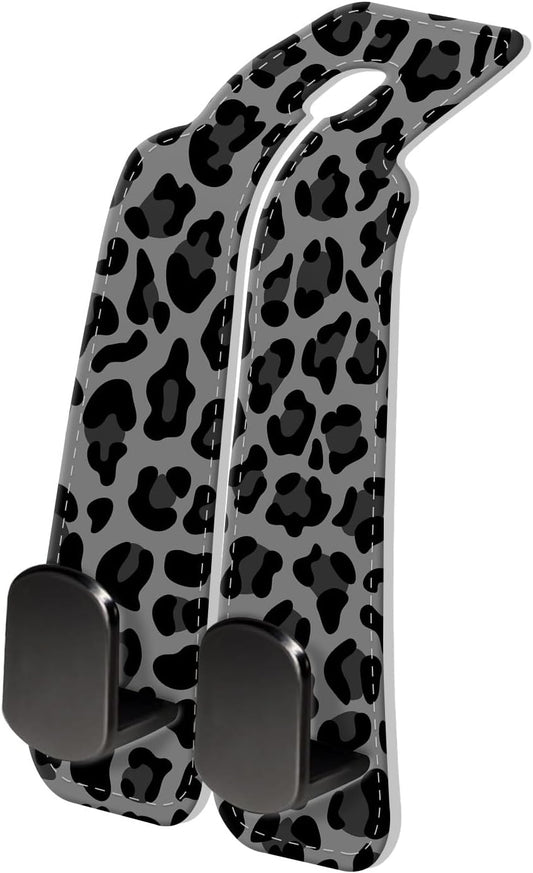 PU Leather Car Seat Hook, Storage Headrest Hanger, Cute Car Backseat Organizer, Car Hooks For Purses and Bags Gray Black Leopard