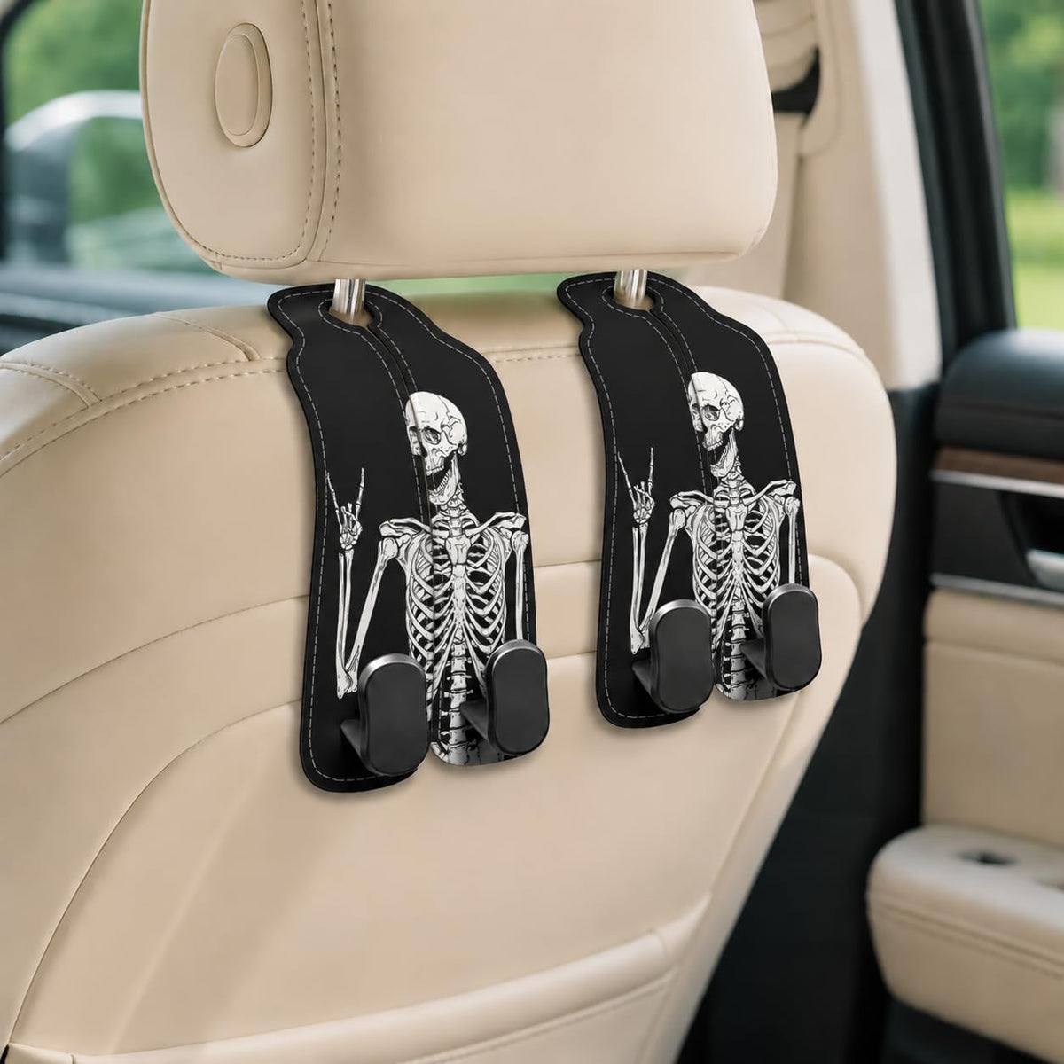 Cute Skull Skeleton Car Seat Back Storage Headrest Hooks for Purses & Bags – 2PCS PU Leather Dual Metal Hooks, Backseat Organizer Accessories