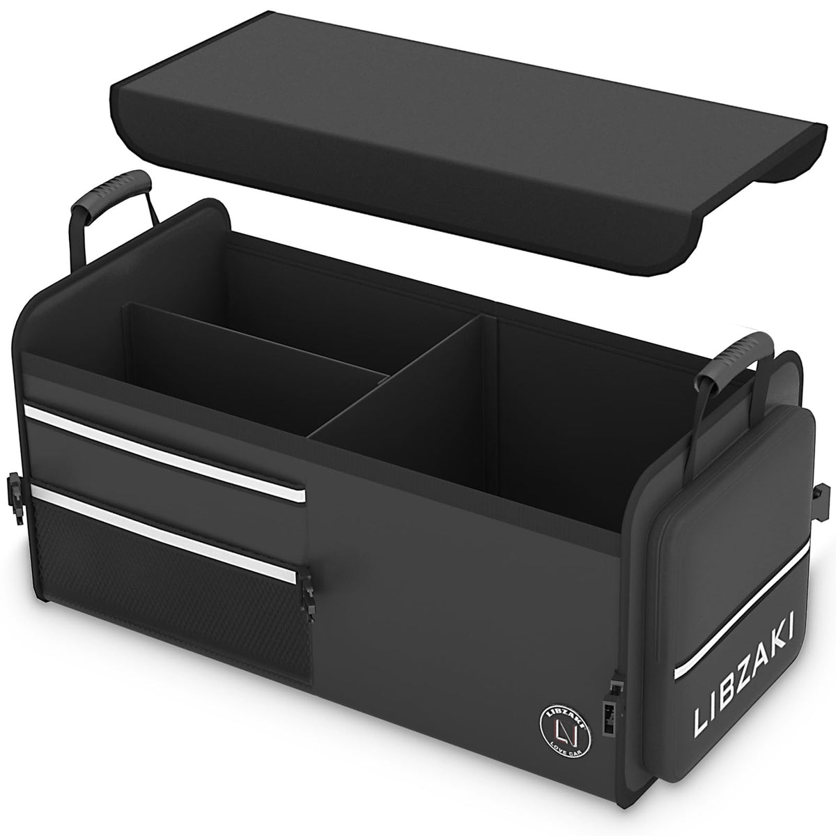 LIBZAKI Oversize 4 in 1 Car Trunk Storage Organizer, Multi Compartment Collapsible Trunk Storage Box with Cooler Bag for Car Truck SUV-Rose red